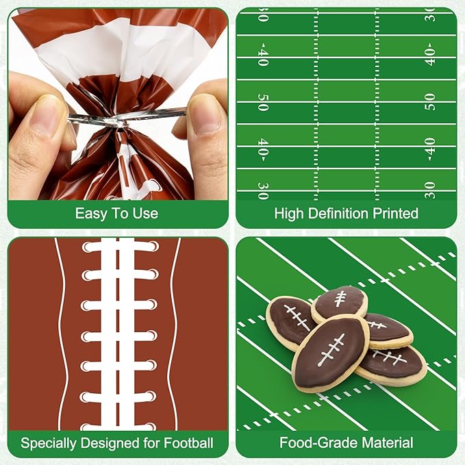 100 Pcs Football Goodie Bags - Brown Green Football Treat Bags, Plastic Rugby Sport Cellophane Snack Gift Candy Goody Bag with Silver Twist Ties for Sports Team Events Birthday Party Favors Supplies