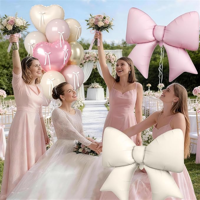 16Pcs Pink and Cream Heart Balloons, 38 Inch Bow Balloons, Dusty Pink Nude Champagne Gold Balloon and Bow Heart Shaped Foil Balloon for Birthday Wedding Bridal Baby Shower Valentines Day Decorations