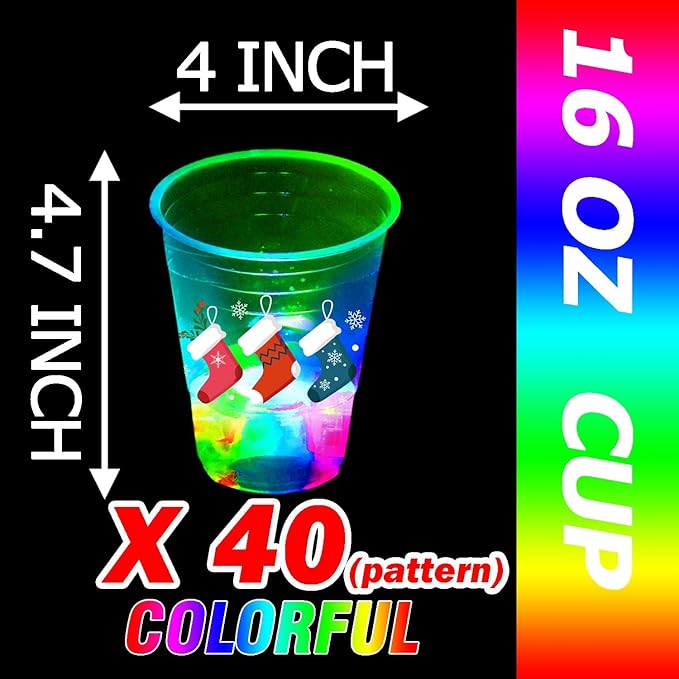 mishunyus 40 Pcs Christmas Party Cups, Glow Christmas Flashing Theme Cups, for Holiday Party Supplies, for Nighttime Fun, BBQ, Christmas Decor, with 8 pattern