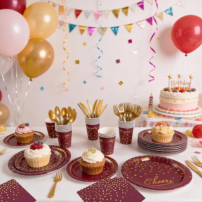OuMuaMua Maroon Gold Paper Plates and Napkins Party Supplies for 24 Guests, 168 Pcs Burgundy Disposable Plates with Utensils Set for Maroon and Gold Graduation Birthday Party Decorations