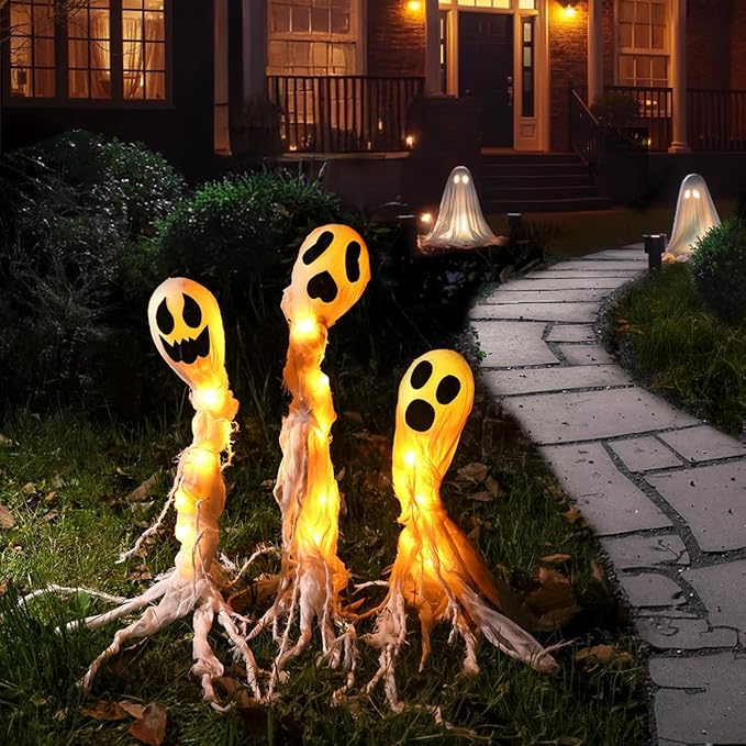 Halloween Decorations Outdoor: 3 Pack Lighted Up Ghost Yard Stakes, Spooky Ghosts Pathway Markers Lights Yard Decor, Battery Operated Trick or Treat Halloween Decor for Home Patio Lawn
