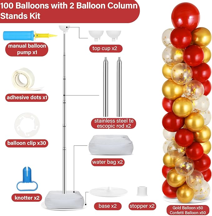 2 Sets Red Gold Balloon Column Stand Kit with 100 Balloons Adjustable Balloon Tower Stand with Bases for Floor Red Gold Confetti Balloon Column Kit for Valentine's Day Sport Birthday Wedding Party