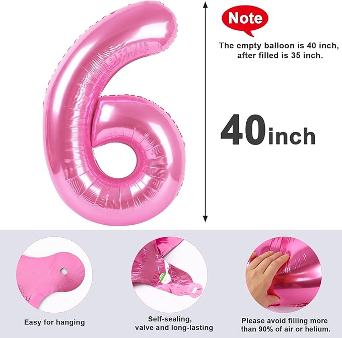 Number 6 Balloon 40 Inch, 6th Birthday Balloon for Boy Girl, Pink 16 60 61 65 Numbers Balloons Birthday Party Wedding Events Decorations