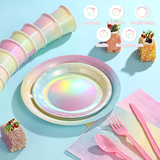 Iridescent Rainbow Party Decorations - Serve 25, Holographic Pastel Paper Plates and Napkins, Disposable Iridescent Rainbow Plates, Cups, Napkins for Girls Birthday, Wedding, Baby Shower