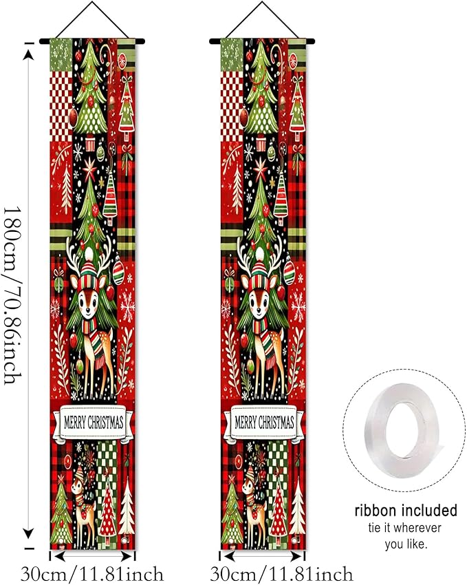 Nuxovilar Christmas Decorations Outdoor Yard Front Porch Sign Set, Red Black Plaid Christmas Tree Reindeer Door Banners for Front Door, Hanging Xmas Decor for Home Indoor Outdoor Wall Yard