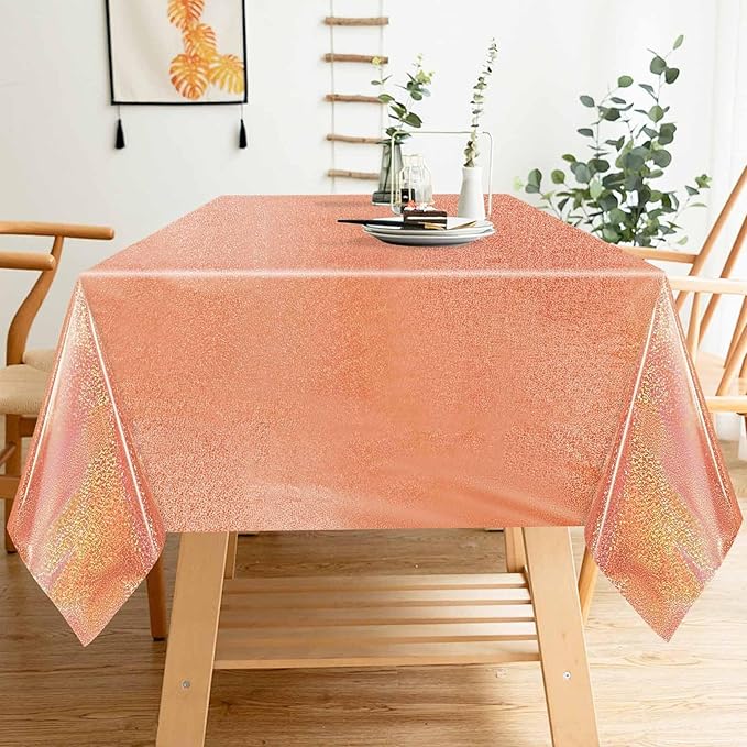 2 Pack Rose Gold Iridescent Plastic Tablecloth Disposable 54 × 108 Inch Glitter Holographic Foil Table Cloth Plastic Laser Rectangle Table Cover for Birthday Wedding Disco Party
