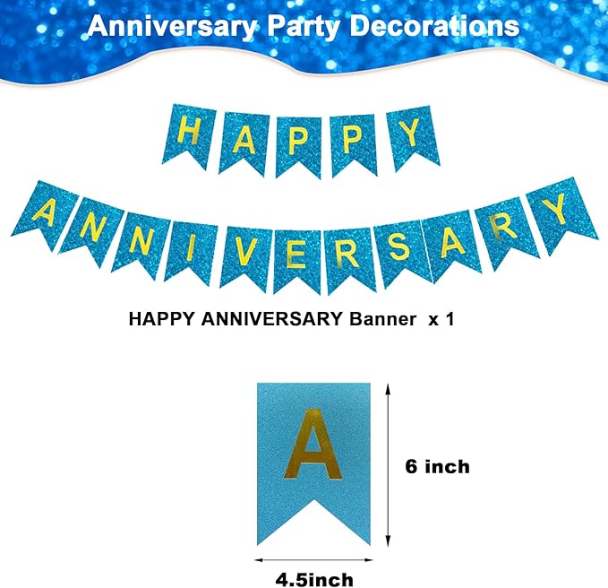 Happy Anniversary Banner Balloons Wedding Love Party and Background Indoor Outdoor Decorations (Glitter Blue)