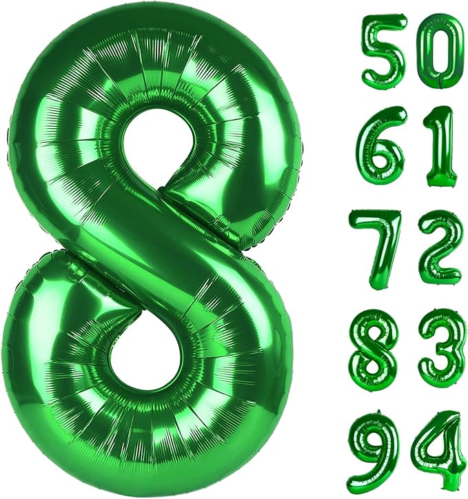 Green 8 Balloon, Number Balloons 40 Inch, 8th Birthday Decorations for Boys Girls, Green Birthday Balloons, Party Supplies, Number 8 Balloon, Games Theme Decorations