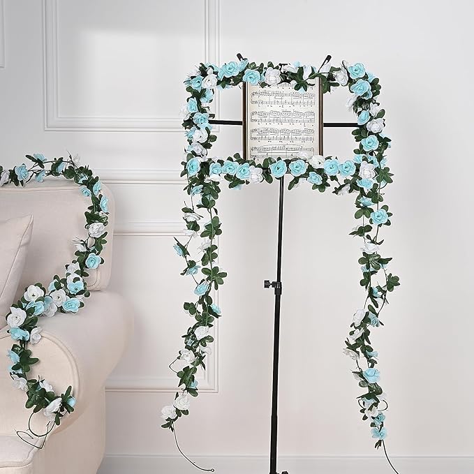 MARTINE MALL Flower Garland - 8 Strands 66Ft Rose Vines for Bedroom, Blue and White Rose Floral Garland for Room Birthday Wedding Party Garden Wall Decor