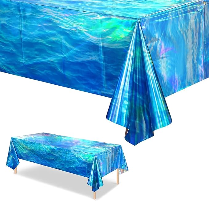 3-Pack Iridescent Wave Pattern Tablecloths, Holographic Shimmering Ocean Blue Disposable Tablecloths, 54 Inches x 108 Inches, Perfect for Summer Beaches, Birthdays, and Pool Party Decorations