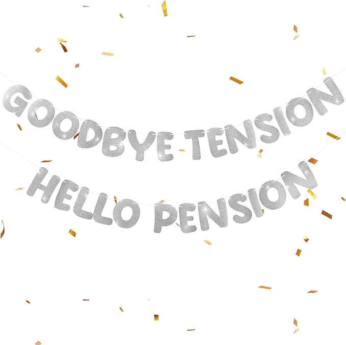 Retirement Banner Pre-Strung GOODBYE TENSION HELLO PENSION Banner Glitter Retirement Party Supplies Decorations for Women Men Office Home Decor (Silver)