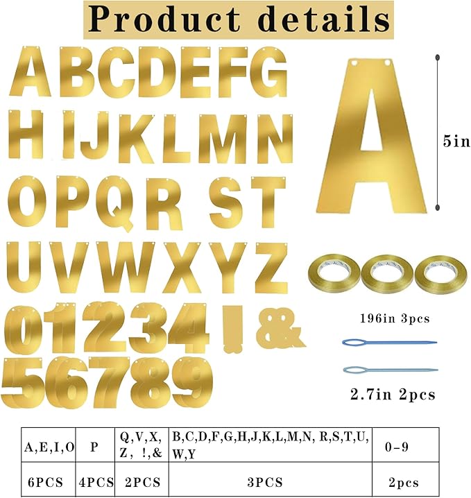 116 Pcs DIY Glitter Customizable Kit - Custom Including 111 Letters and Numbers, 3 Rope and 2 Threading Device for Personalized Decor - Women's Day Birthday Banner (Bright Gold)