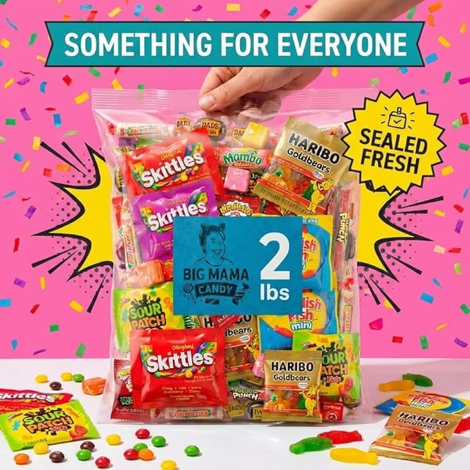 Big Mama Candy Variety Pack 2 lb - Bulk Assorted Candy Mix Individually Wrapped - Gummy, Sour & Chewy Candies for Party Favors, Pinata, Goodie Bags