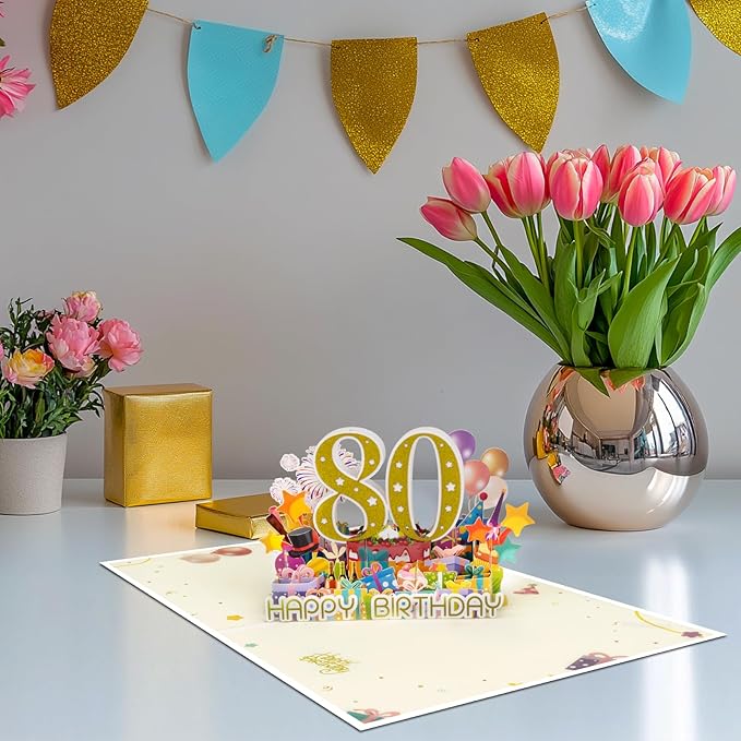 80 Years 0ld Firework Pop Up Happy Birthday Greeting Card, ideal love Gift for Adult and Kid with Blank Note & Envelope, Foldable Celebration for Daughter, Son, Mom, Dad, Friend, Children