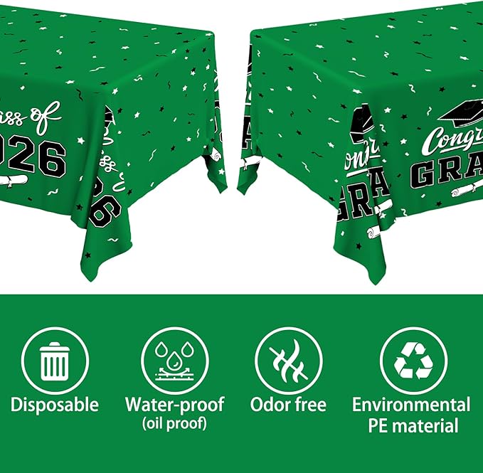 Gatherfun 2026 Graduation Decorations : 2-Pack Congrats Grad Disposable Tablecovers - Class of 2026 Green Themed Table Cloths, for Graduation Party Supplies & Graduation Backdrop, 54" X 108"