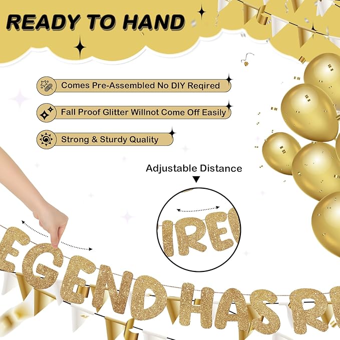 Fulmoon Pre Strung the Legend Has Retired Glitter Banner 9.8 ft Retirement Banner Retirement Party Decorations Garland Bunting for Men Women Gifts, No DIY(Champaign Gold)