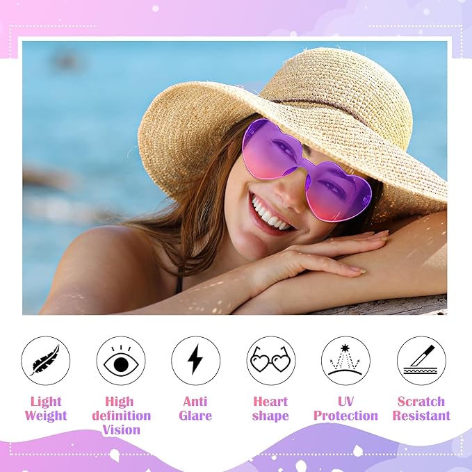 Frienda 8 Pairs Heart Shaped Sunglasses for Women Rimless Heart Glasses Candy Color Sunglasses for Party Favor