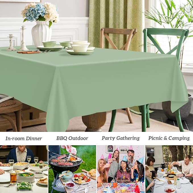 Mulbozy 2 Pcs Sage Green Plastic Tablecloth for Rectangle Table, 54 × 108 inches Disposable PEVA Sage Green Party Table Covers for Birthday, Wedding, Baby Shower, Holdiay Party Decoration