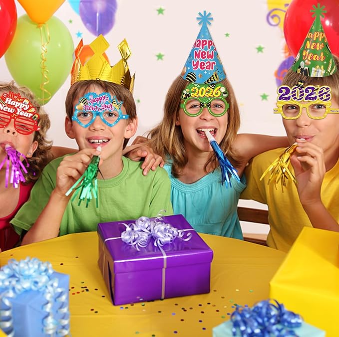 HOWAF New Years Eve Party Supplies 2026, 48 Pieces Colorful New Years Eve Hats Happy New Year Headband 2026 Glasses Party Blowouts and Necklace NYE Party Supplies New Years Eve Accessories Kit