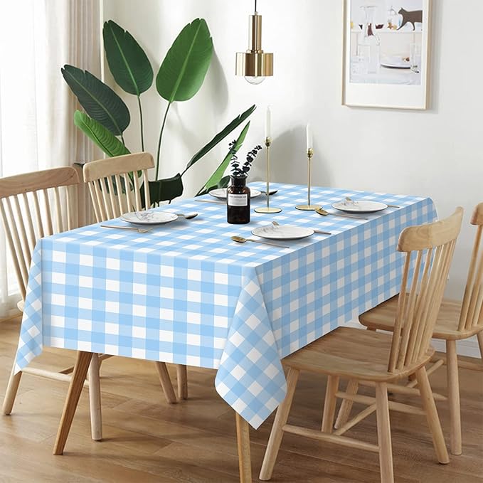 QIKSION Light Blue Gingham Tablecloth Disposable 3 Pack, 54 x 108 Inch Blue and White Checkered Table Cloth for Baby Shower, Easter Decorations, Birthday Party, Rectangle, Plastic Table Cover