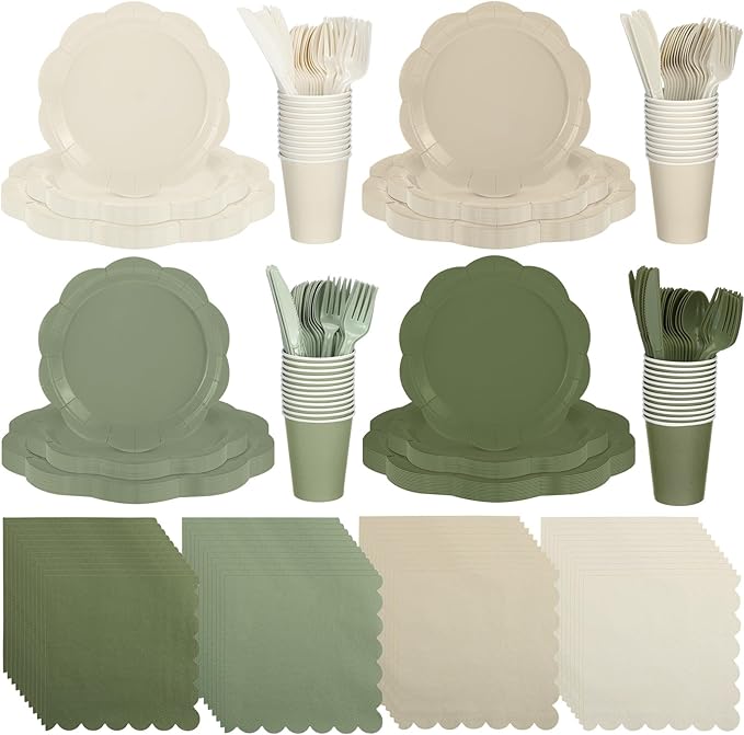 Qinyoung 388 Pcs Sage Green and Beige Plates and Napkins Party Supplies Tableware Include Disposable Scalloped Plate Paper Napkin Cup Plastic Cutlery for Baby Shower Party Wedding Birthday, 48 Sets