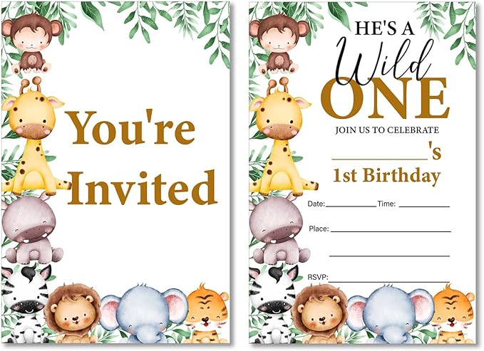 Soiceu Safari Wild One First Birthday Invitations with Envelopes Set of 20 Jungle Animals Boy 1st Birthday Invites Fill in Blank