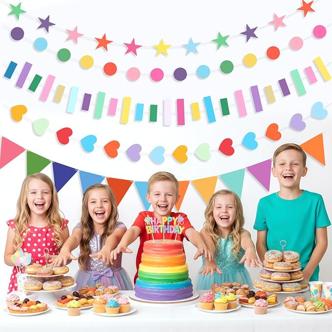 Tiamon 6 Pcs Rainbow Garland Banners Easter Tree Decoration Include Star Circle Dot Heart Rectangular Garland Colorful Pennant Banner Pre-Strung Hanging Banner for Birthday Classroom Party Decor