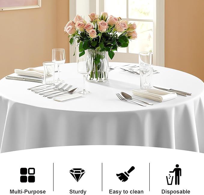 6 Pack Premium White Plastic Table Cloth -96 Inch Round Tablecloth, Disposable Tablecloth Plastic Table Cover for Parties (6, White, 96" Round)