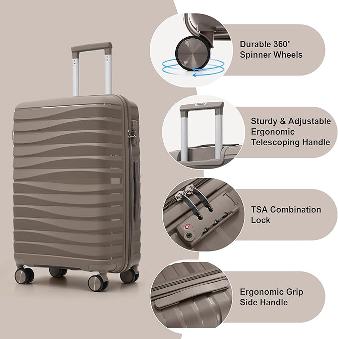 Hardside Luggage Sets, Lightweight Wave Suitcase with Spinner Wheels, PP Brown