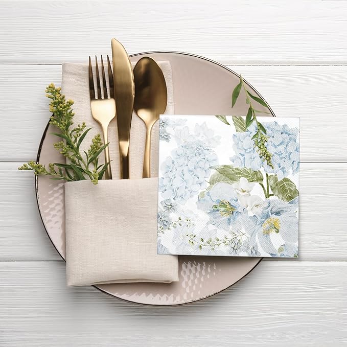 LeZakaa 25Pcs Hydrangea Guest Napkins, 3-Ply Floral Cocktail Beverage Bar Square Disposable Napkins Hand Towels for Wedding Engagement Bridal Shower Birthday Tableware Party Supplies, 5 x 5 In
