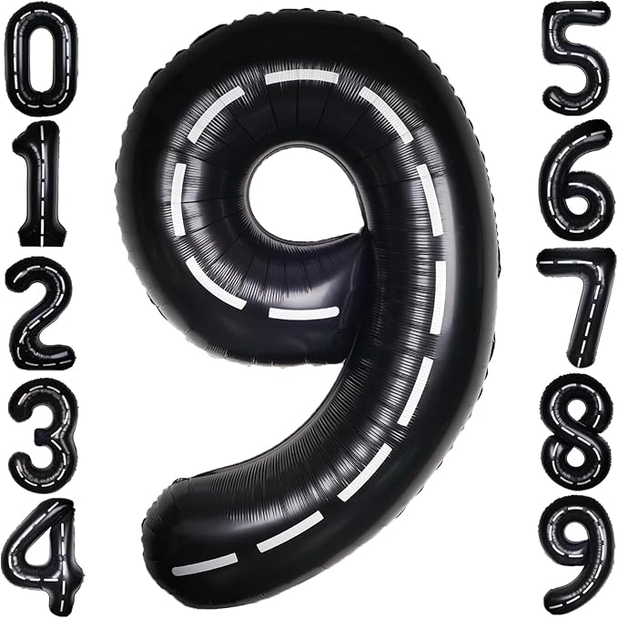 Race Car 40Inch Black 9 Balloon Number Large Helium Race Track 0-9 Giant Digital 9th Foil Mylar Big Party Number Balloons for Boy Birthday Car Theme Party Anniversary Graduation Decorations