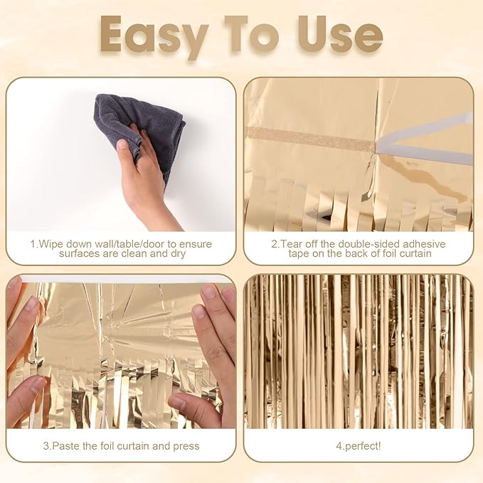2 Pack Champagne Foil Fringe Backdrop Curtains, Tinsel Streamers Birthday Party Decorations, Fringe Backdrop for Anniversary, New Years, Birthday Party