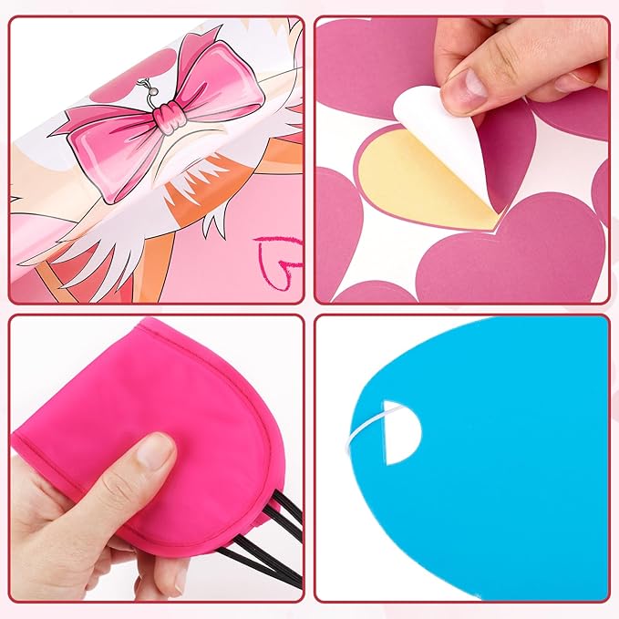 Hooqict Valentines Games for Kids Pin The Heart on The Cat Party Games Valentines Day Party Activities Galentines Day Decorations, Large Pin The Tail Poster with 36 Stickers