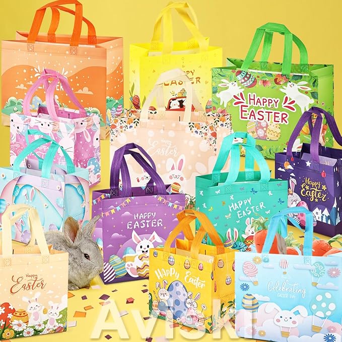 24PCS Happy Easter Egg Hunt Bags, Assorted Sizes Easter Bunny Carrot Chick Egg Gift Bags with Handles, Easter Treat Bags, Multifunctional Non-Woven Easter Bags for Gifts Wrapping, Egg Hunt Game,
