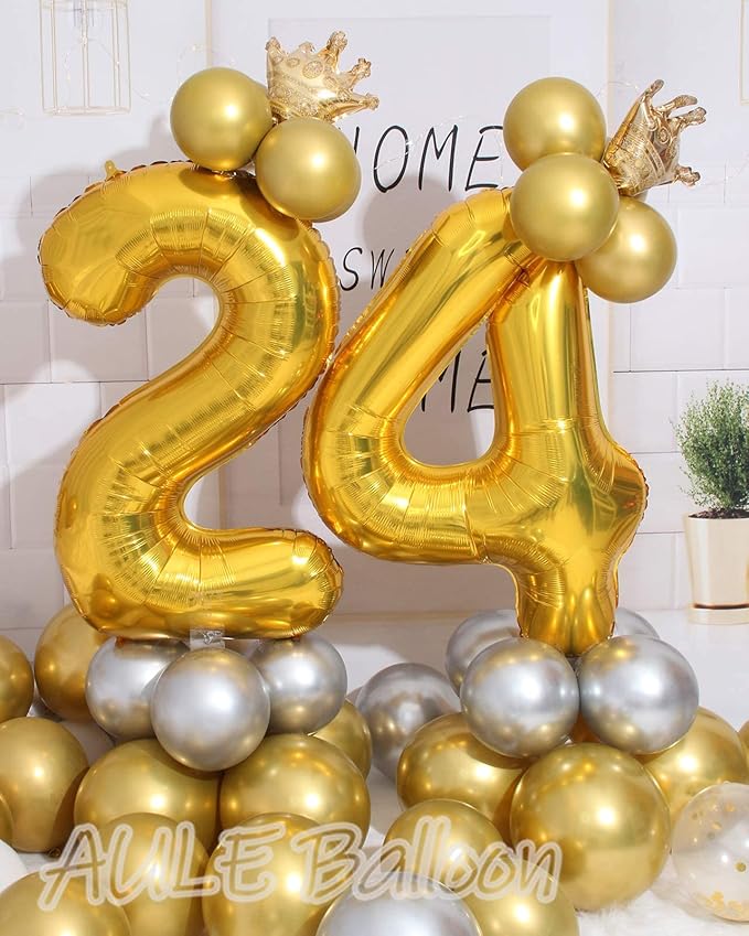 AULE 40 Inch Large 24 Number Balloons Gold, Big Foil Number Balloons, Giant Helium Happy 24th Birthday Party Decorations for Man and Women, Huge Mylar 42 Anniversary Party Supplies