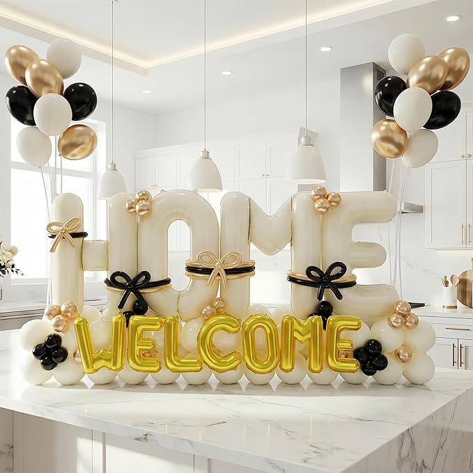 145Pcs Housewarming Party Decorations, 40Inch Beige Welcome Home Balloon Banner, Cream Ivory Black Gold Balloons for New Home Sweet House Warming Homecoming Party
