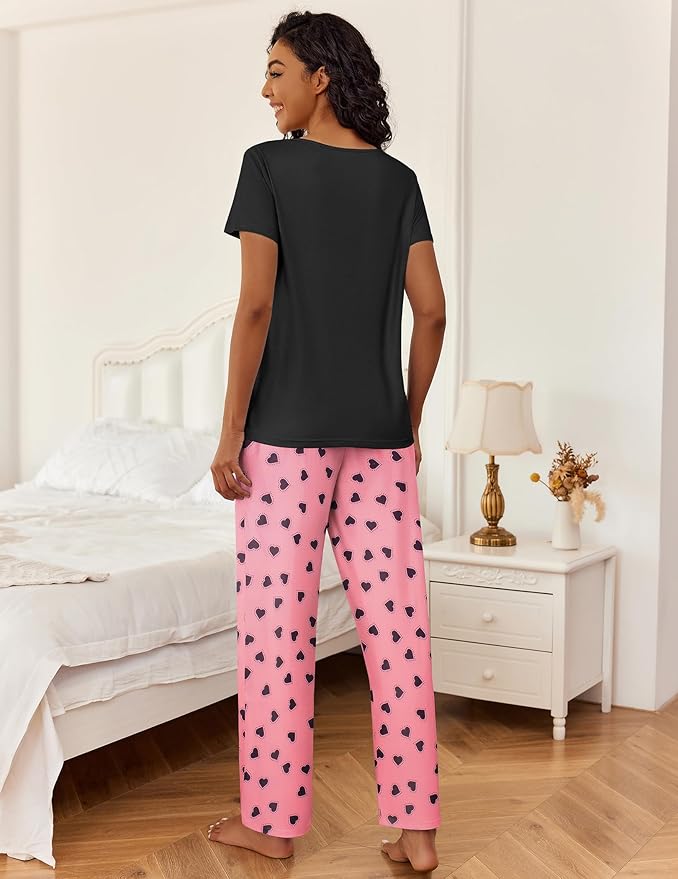 Ekouaer 2 Piece Womens Pajamas V Neck Short Sleeve Top and Long Pants Pjs Print Lounge Set Sleepwear
