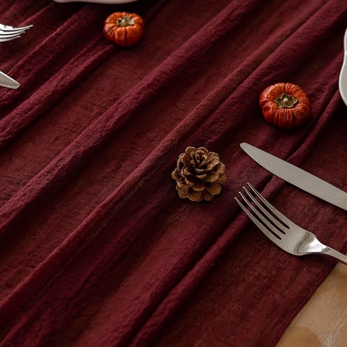 Keketoarrange Burgundy Table Runner Red Table Runner Cheesecloth Gauze 120 Inch 10 FT Rustic Boho Cheese Cloth Runner for Wedding Baby Bridal Shower Party Long Sheer Spring Home Decorations