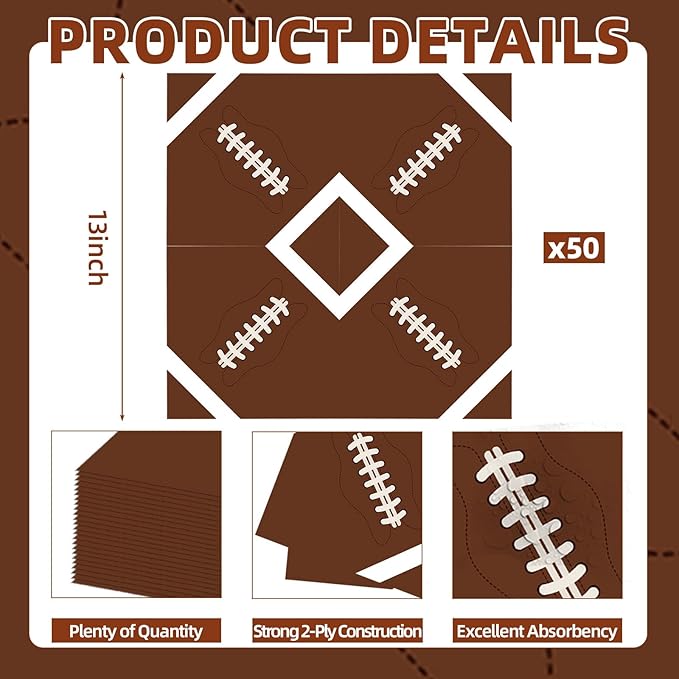50 Count Football Party Paper Napkins – 25 Football Design and 25 Field Design, Disposable Beverage Cocktail Napkins for Game Day, Sports Birthday, Tailgate, and Team Celebration Decorations
