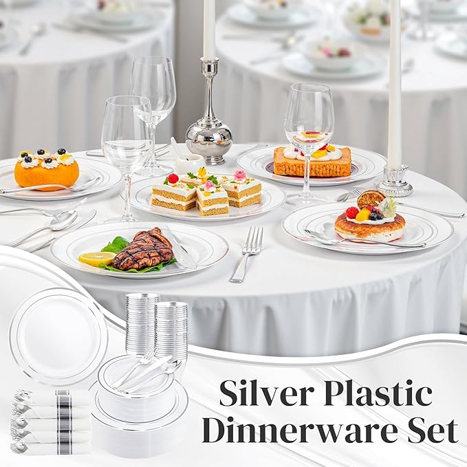 350Piece Silver Plastic Dinnerware Set for 50 Guests - Silver Plastic Plates with Cutlery Include:50Dinner Plates-50Dessert Plates-50Pre Rolled Napkins with Silverware Party Wedding
