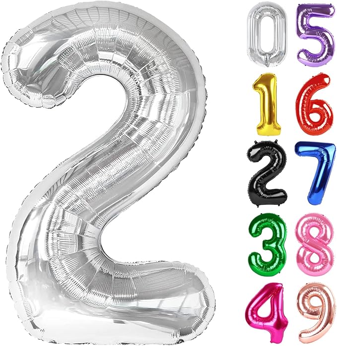 Silver Number 2 Balloon 40 Inch, 2nd Birthday Decoration for Toddlers Girls Boys, Sparkling 2 Number Balloon Party Decor