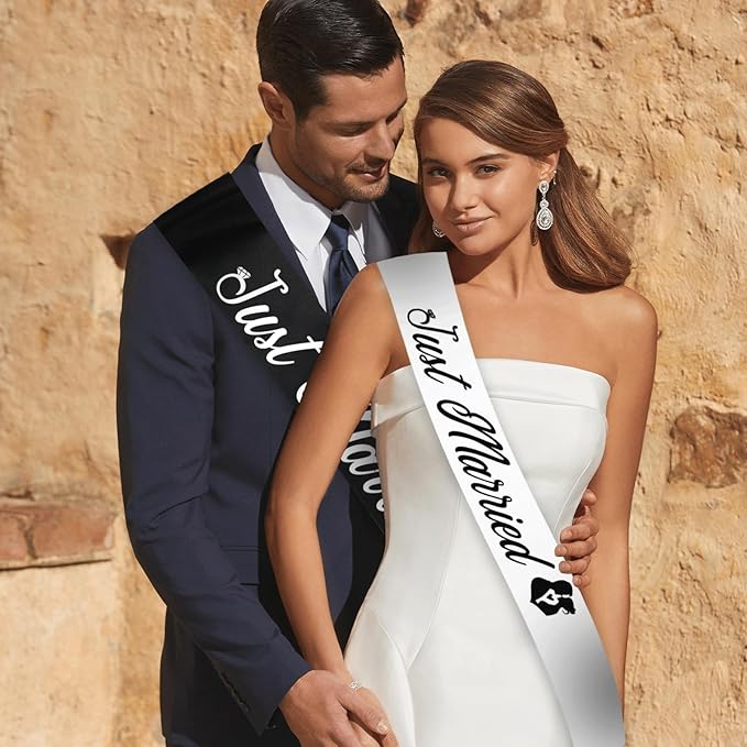 "Just Married - 2 Pcs Bride to Be Sash and Groom to Be Sash Kit, Black White Bachelorette & Bachelor Party Sashes for Wedding Bridal Shower Decorations Engagement Gifts