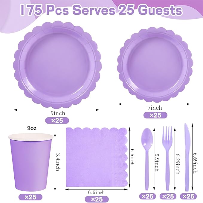 175 Pcs Lavender Paper Plates and Napkins, Light Purple Party Supplies Include Scalloped Easter Plates Napkin Cup Plastic Cutlery for Spring Garden Party, Baby Shower, Wedding