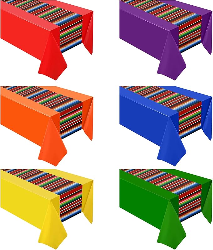 Oudain 6 Pcs Fiesta Tablecloth 108 x 54 Inch Plastic Tablecover Waterproof Mexican Tablecloth Mexican Striped Table Cover for Taco Night Festive Fiesta Wedding (Elegant Colors)