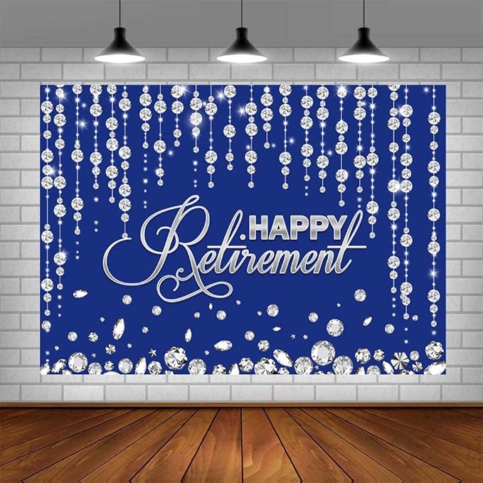 7x5ft Happy Retirement Backdrop for Party Decorations - Navy Blue and Silver Aged Retirement Banner