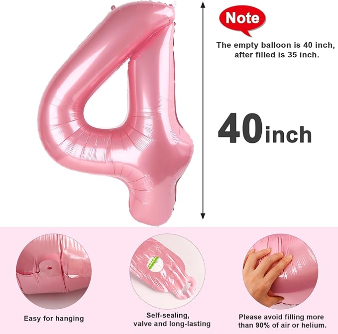 40 Inch Large Numbers Balloon, 4 Pearl Pink Ballon for 4th 14 40 44 Birthday Party, Balloon 4 Number for Graduations Wedding Supplies