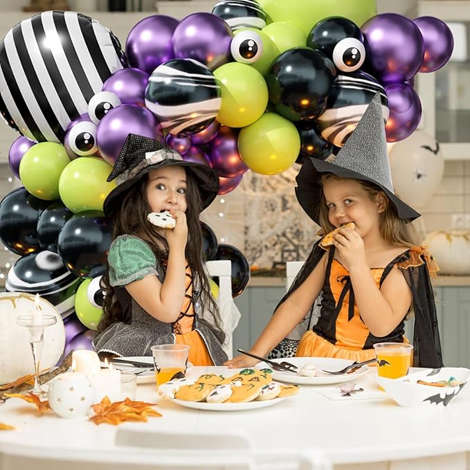 Halloween Balloon Arch Kit, Black Fruit Green Metallic Purple Agate Black Balloons, Ghostly Eyes, Scary Character and Striped Balloons for Kid Halloween Birthday Party Decorations Baby Shower Backdrop
