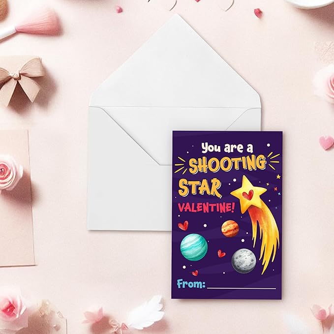 Pawzity 36 Packs Valentines Day Cards for Kids - Valentines Day Gifts for Kids Toddlers Classroom School Party Favors - Universe Planets Rocket Ship Galaxy 3.2''x 4.7'' Exchange & Envelopes, Stickers