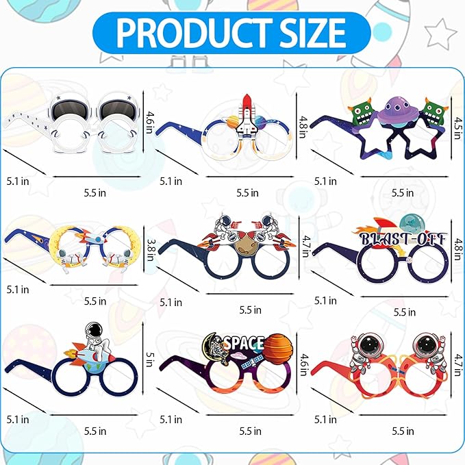 12PCS Outer Space Glasses, Astronaut Paper Eyeglasses Photo Booth Props for Outer Space Birthdays Party Supplies