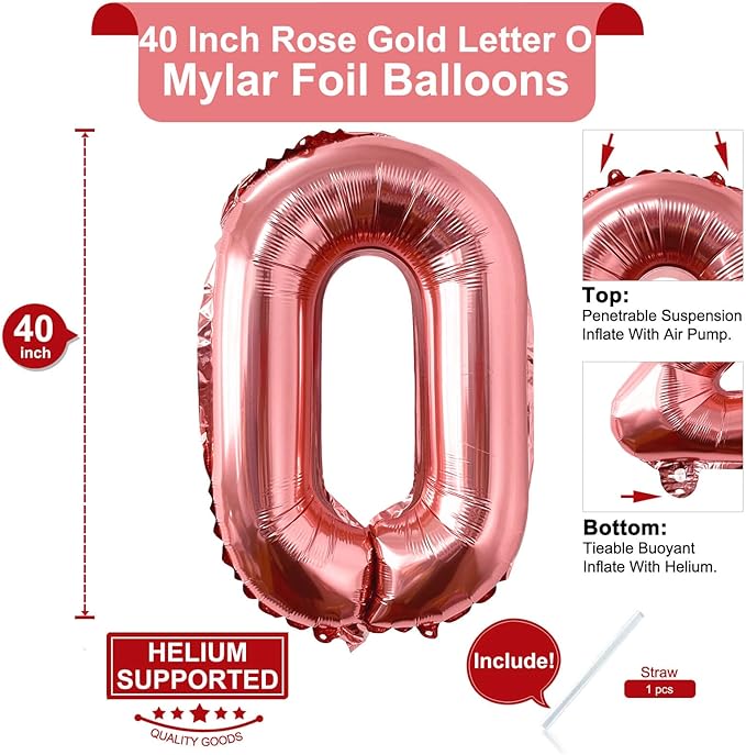 Lovoir 40 Inch Large Rose Gold Letter O Balloons Big Size Jumbo Mylar Foil Helium Balloon for Birthday Party Celebration Decorations Alphabet Rose Gold O